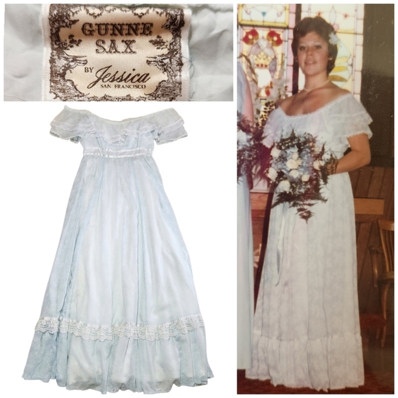 Gunne Sax by Jessica 1981 Light Blue Off Shoulder Lace Maxi Dress Vintage Sz 13 - Picture 1 of 12